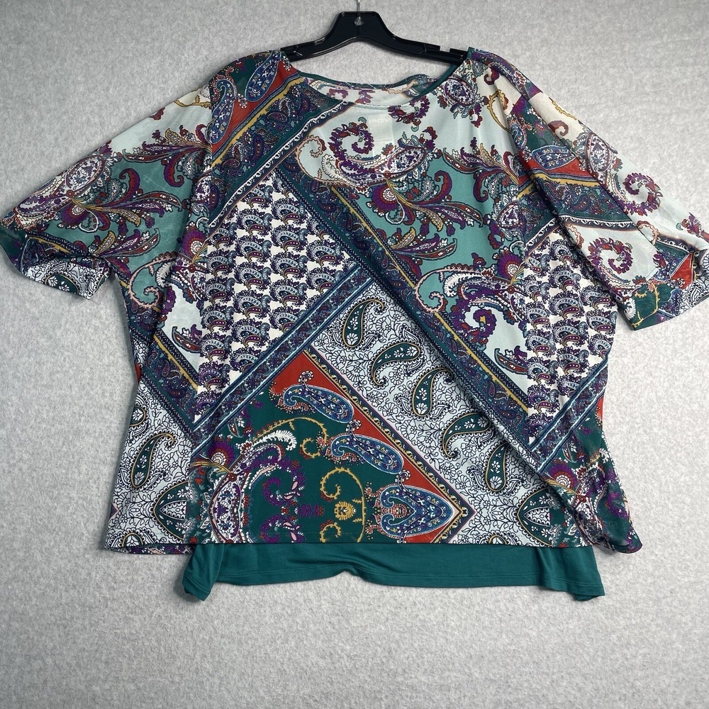 Chicos Top Womens XL Green Paisley Overlay with Jersey Knit Tank